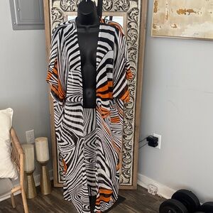 Zebra Stripe Kimono Duster with Orange Accent